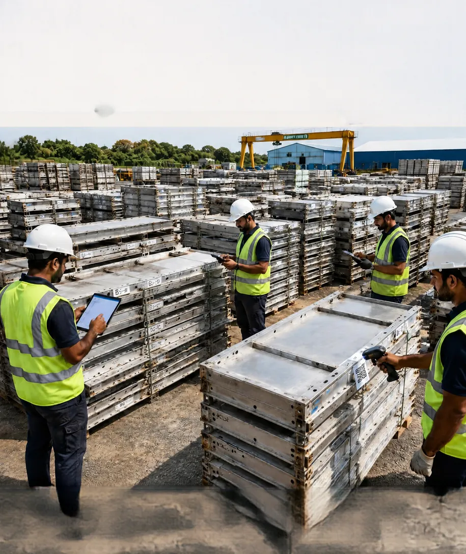 K Form Systems team counting and tagging aluminium formwork panels on site