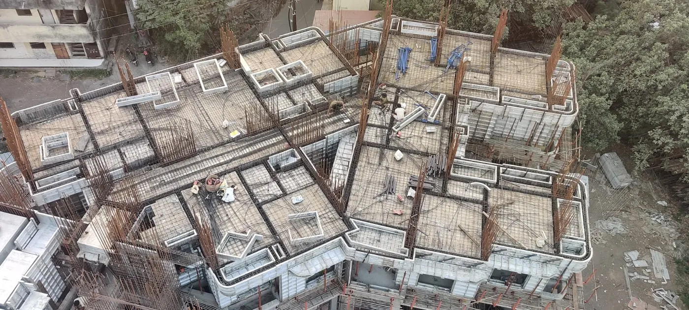 Reinforcement laid over completed formwork deck